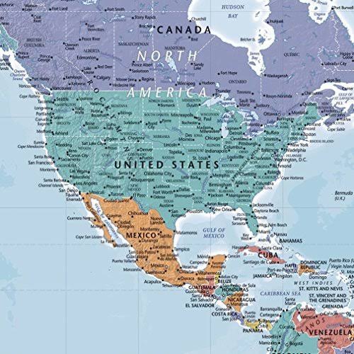 Push Pin World Travel Map with Rustic Brown Frame and Pins - Blue Oceans - 27.5