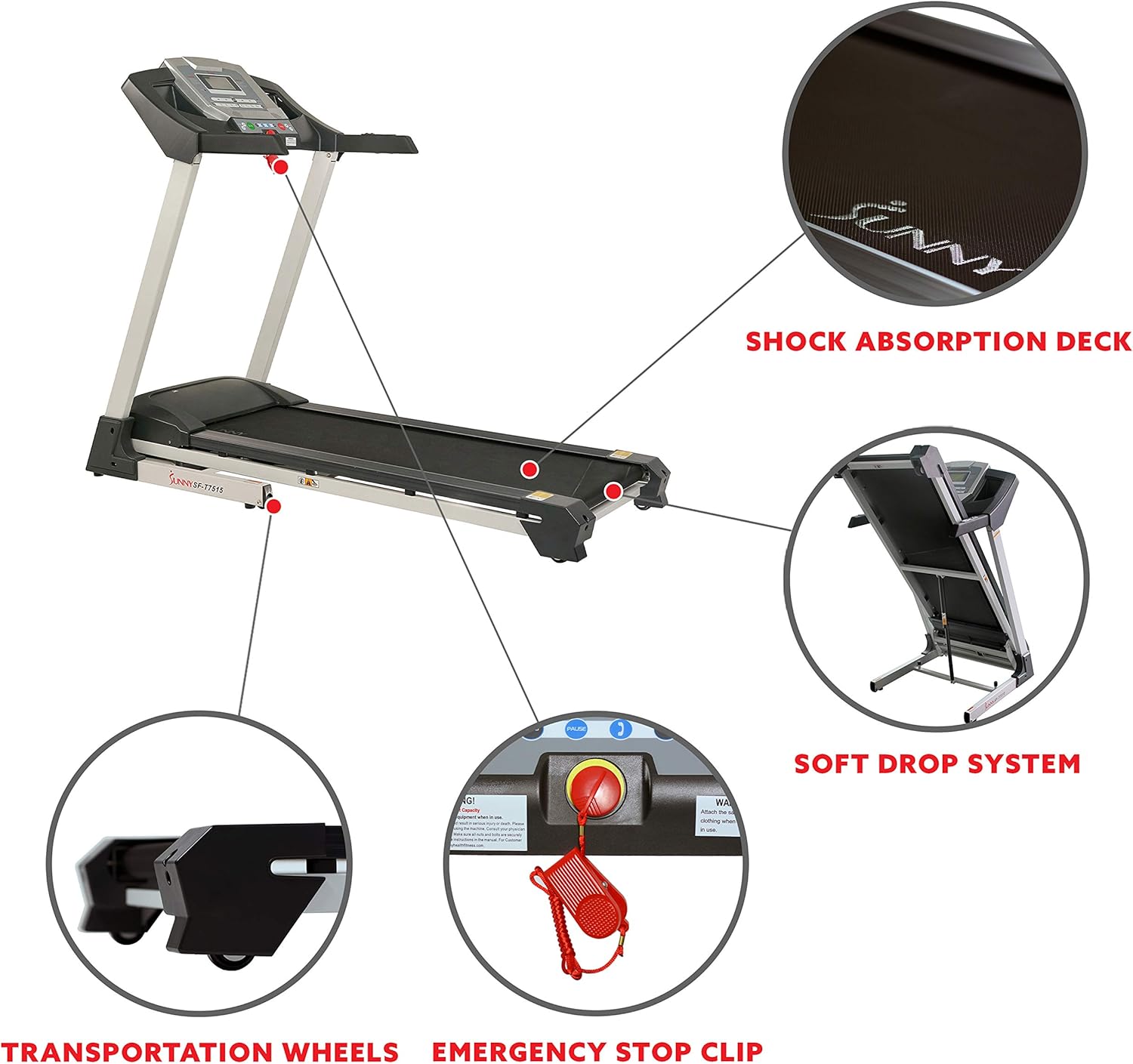 Sunny Health & Fitness SF-T7515 Smart Treadmill with Auto Incline, Speakers, Bluetooth, LCD and Pulse Monitor, Phone Function, 240 LB Max Weight
