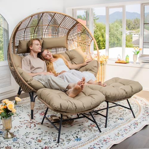 NICESOUL® Double Egg Chair Indoor Outdoor Stationary Oversized Thicken Padded Cushions, 2 Person Egg Loveseat Chair