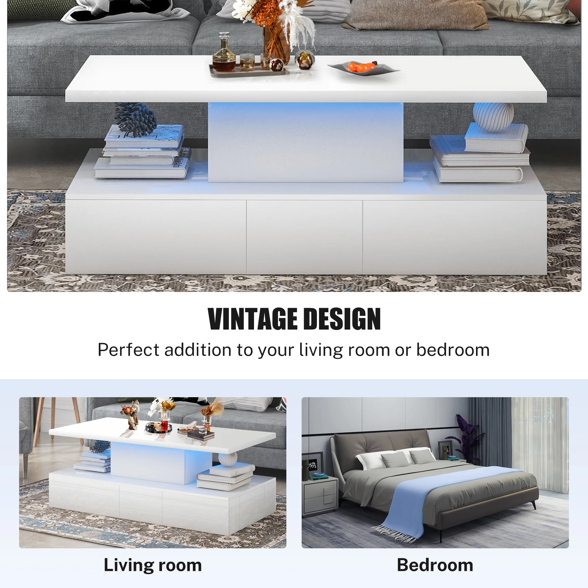 HSUNNS White LED Coffee Table for Living Room, Modern High Glossy Center Table with 4 Drawers, Smart Cocktail Table Rectangle
