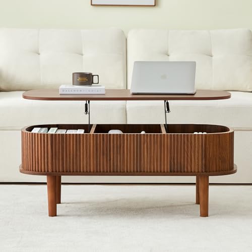 Fluted Lift Top Coffee Table with Hidden Compartment, Fully Assembled Wooden Center Table, Modern Oval Lift Tabletop for Home Living Room Office
