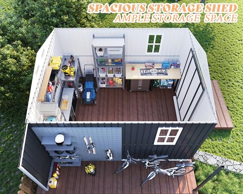 AMERLIFE 10.6x10.3x6.3 FT Metal Storage Shed with Sliding Doors Two 4-Pane Windows, Open Outdoor Shed for Wood Storage, Dark Grey/White
