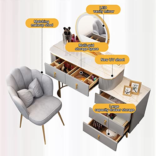 Makeup Vanity Desk With Lighted Mirror, Dressing Table Set With Storage Drawers And Stool, Modern Vanity Table 3-Color Dimmable LED Lighted Mirror