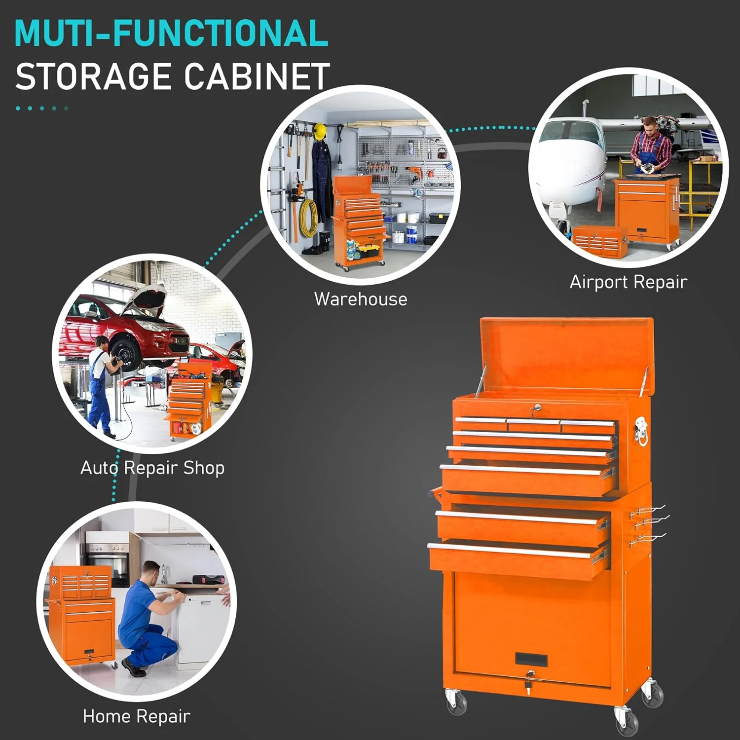 2-IN-1  Tool Chest & Cabinet, Large Capacity 8-Drawer Rolling Tool Box Organizer with Wheels Lockable Craft, Black