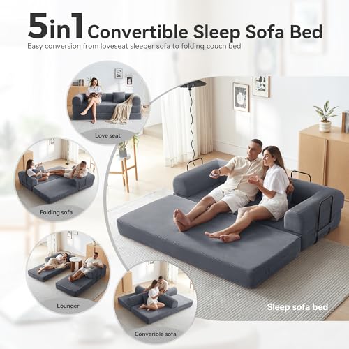 Convertible Sleeper Sofa Bed with Cylindrical Pillow, Comfy Foldable Sofa Bed Compressed Sofa in Box