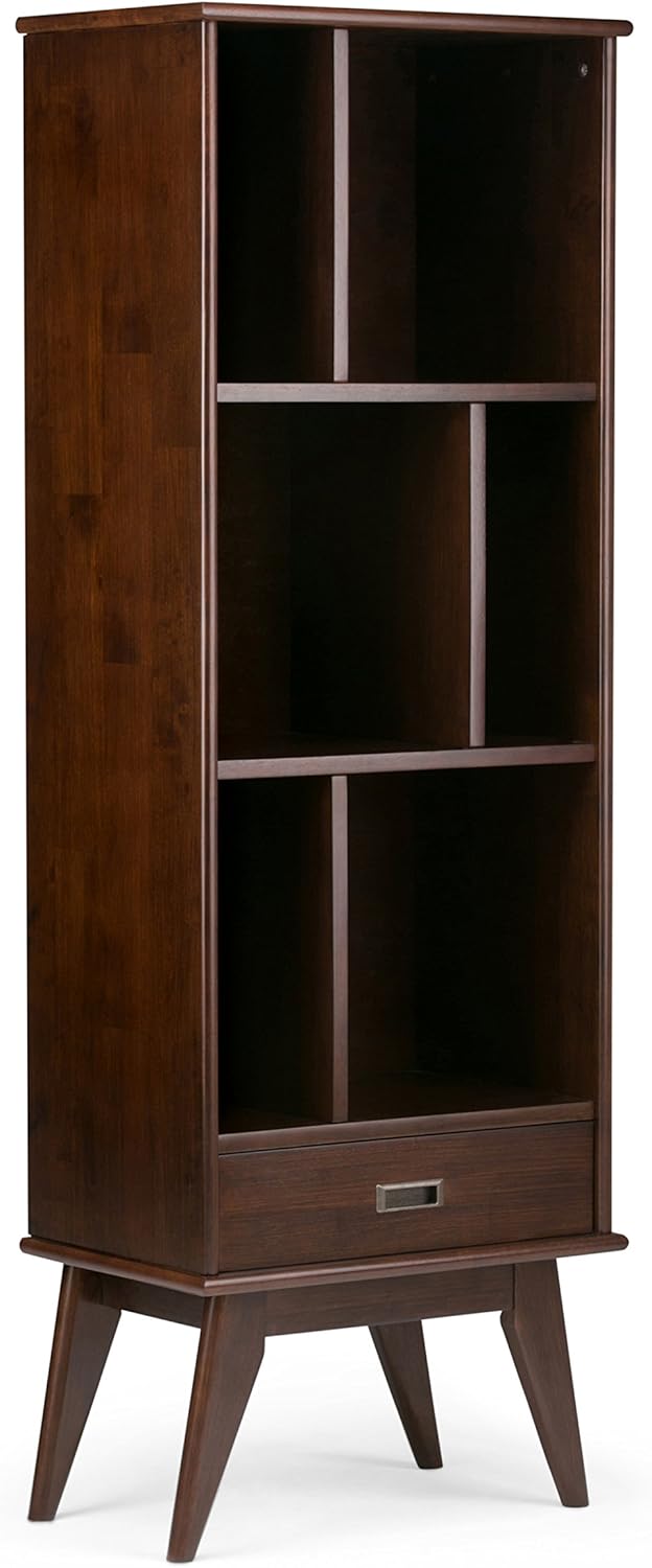 SIMPLIHOME Draper SOLID HARDWOOD 64 inch x 22 inch Mid Century Modern Bookcase and Storage Unit in Medium Auburn Brown with 6 Shelves