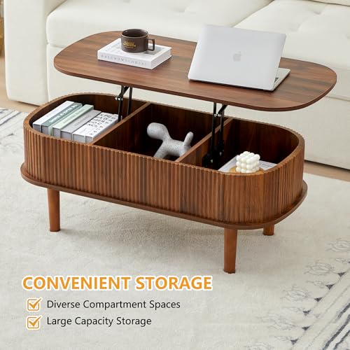 Fluted Lift Top Coffee Table with Hidden Compartment, Fully Assembled Wooden Center Table, Modern Oval Lift Tabletop for Home Living Room Office
