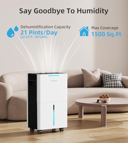 1500 Sq. ft Dehumidifier for Basement and Large Room, 21 Pints Dehumidifiers for Home with Drain Hose, Intelligent Humidity Control, 3 Modes