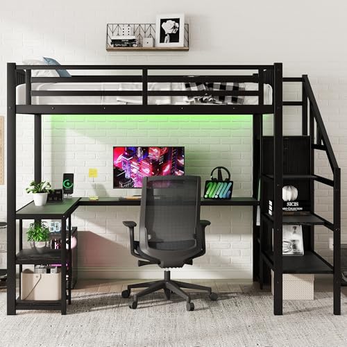 JYH Full Size Metal Loft Bed with L-Shaped Desk and USB Port, Heavy Duty Loft Bed Frame with Wardrobe and Shelf