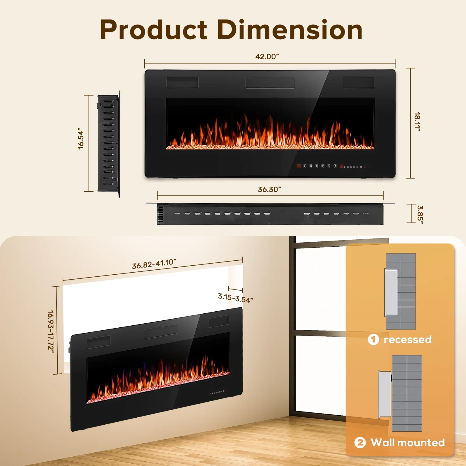 Auseo 42 inch Embedded Wall Mounted Indoor Electric Fireplace, Ultra-thin Low Noise Lightweight LED Fireplace Heater, Touch Screen, Timer, 1500W