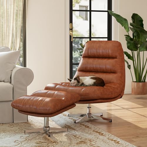 Modern Swivel Accent Chair with Ottoman Set, PU Leather Oversized Armless Reading Chair with Footrest