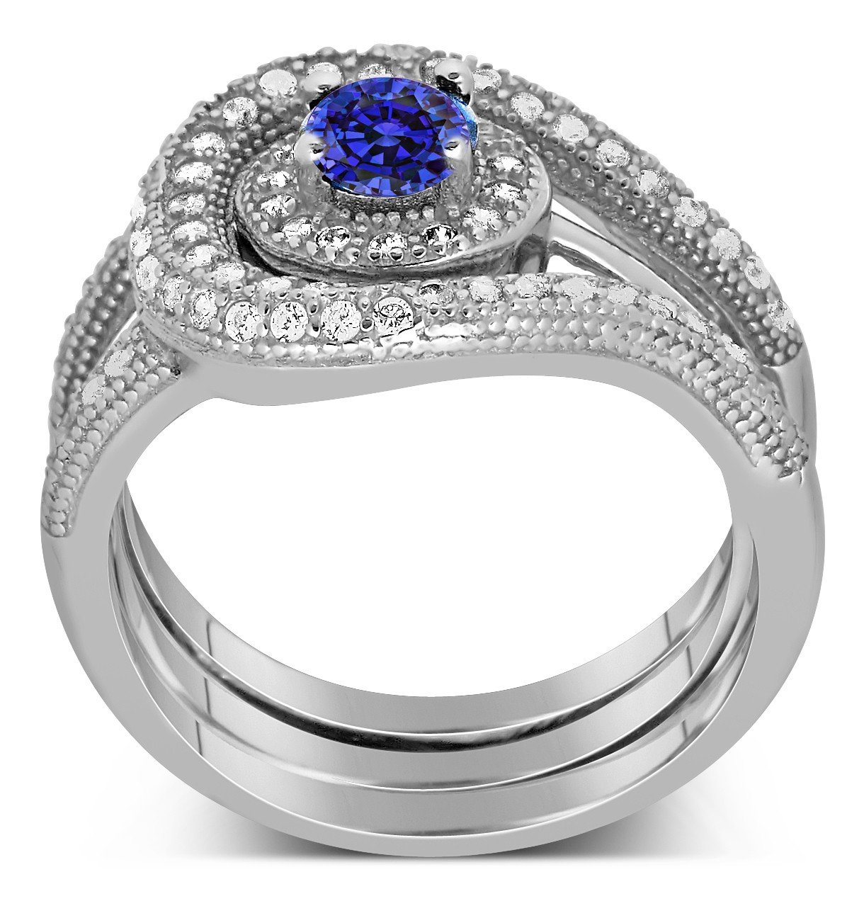 Unique and Luxurious 2.25 Carat Halo Art Deco Designer Round Shape Blue Sapphire Moissanite Diamond Wedding Ring Set in 10k White Gold