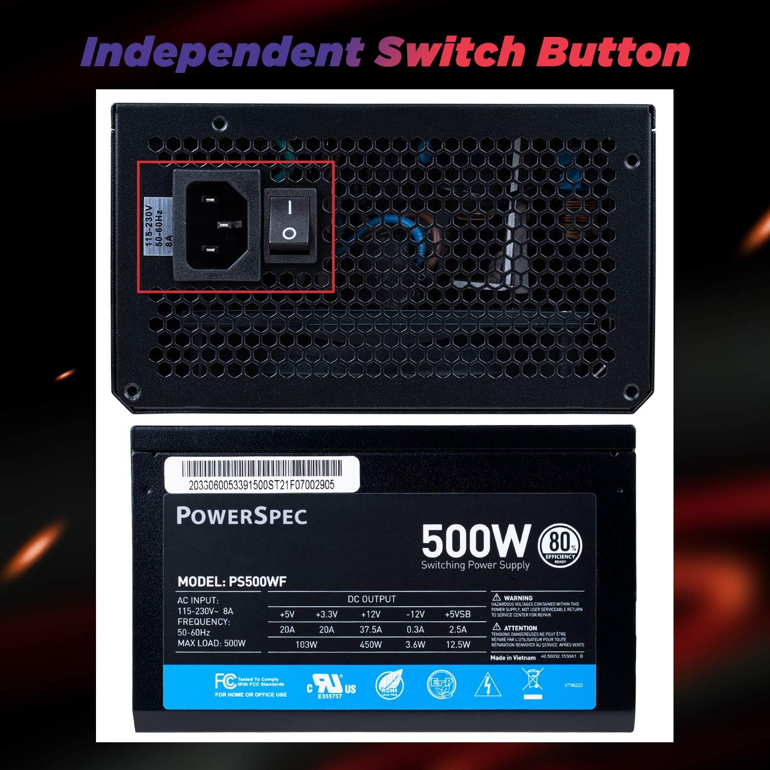 PowerSpec 650W Power Supply 80 Plus Bronze Certified Fixed Cable Non-Modular ATX PSU Active PFC SLI Crossfire Ready Gaming PC Computer Switching