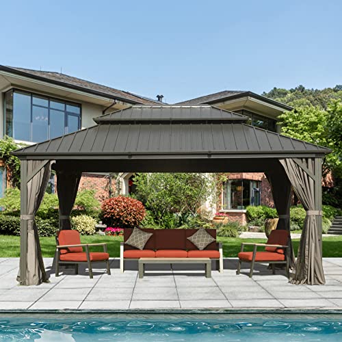 Domi 10' x 10' Hardtop Gazebo Outdoor Metal Gazebo with Galvanized Steel Double Roof Canopy, Curtains and Netting for Patio, Backyard, Deck