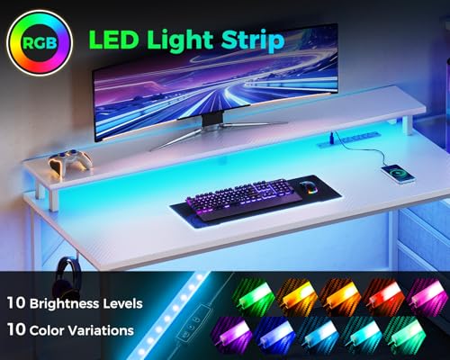 AODK 59 Inch Gaming Desk with USB Charging Ports & LED Light- Reversible Computer Desk with Storage Shelves & Monitor Stand