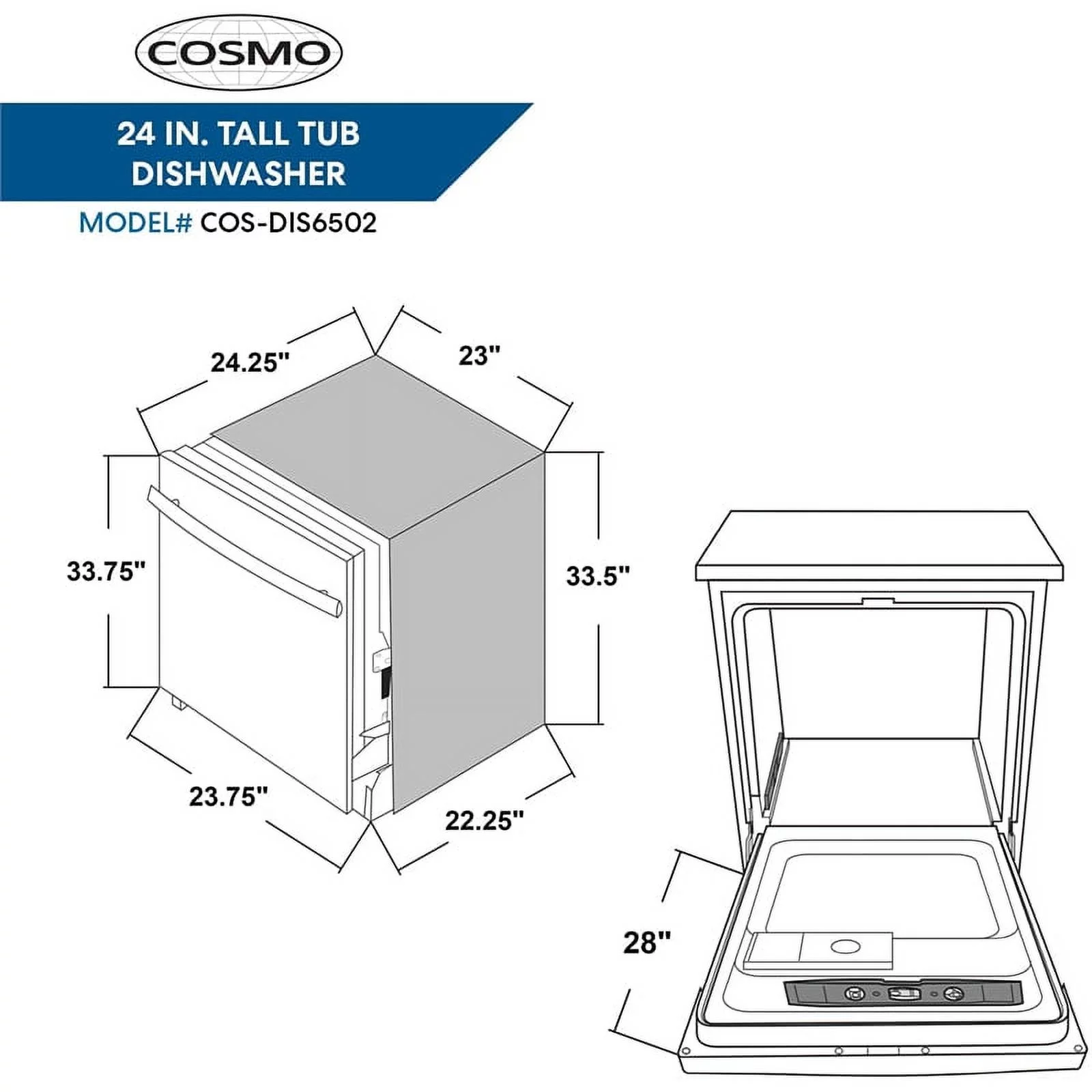 Cosmo COS-DIS6502 24 in. Stainless Steel Top Control Tall Built-In Dishwasher