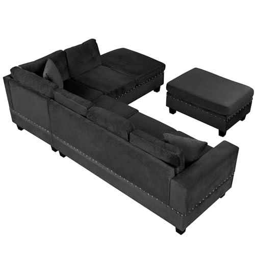 Merax Modern Sectional Sofa with Storage Ottoman, L Shaped Couch with 2 Pillows and 2 Cup Holders