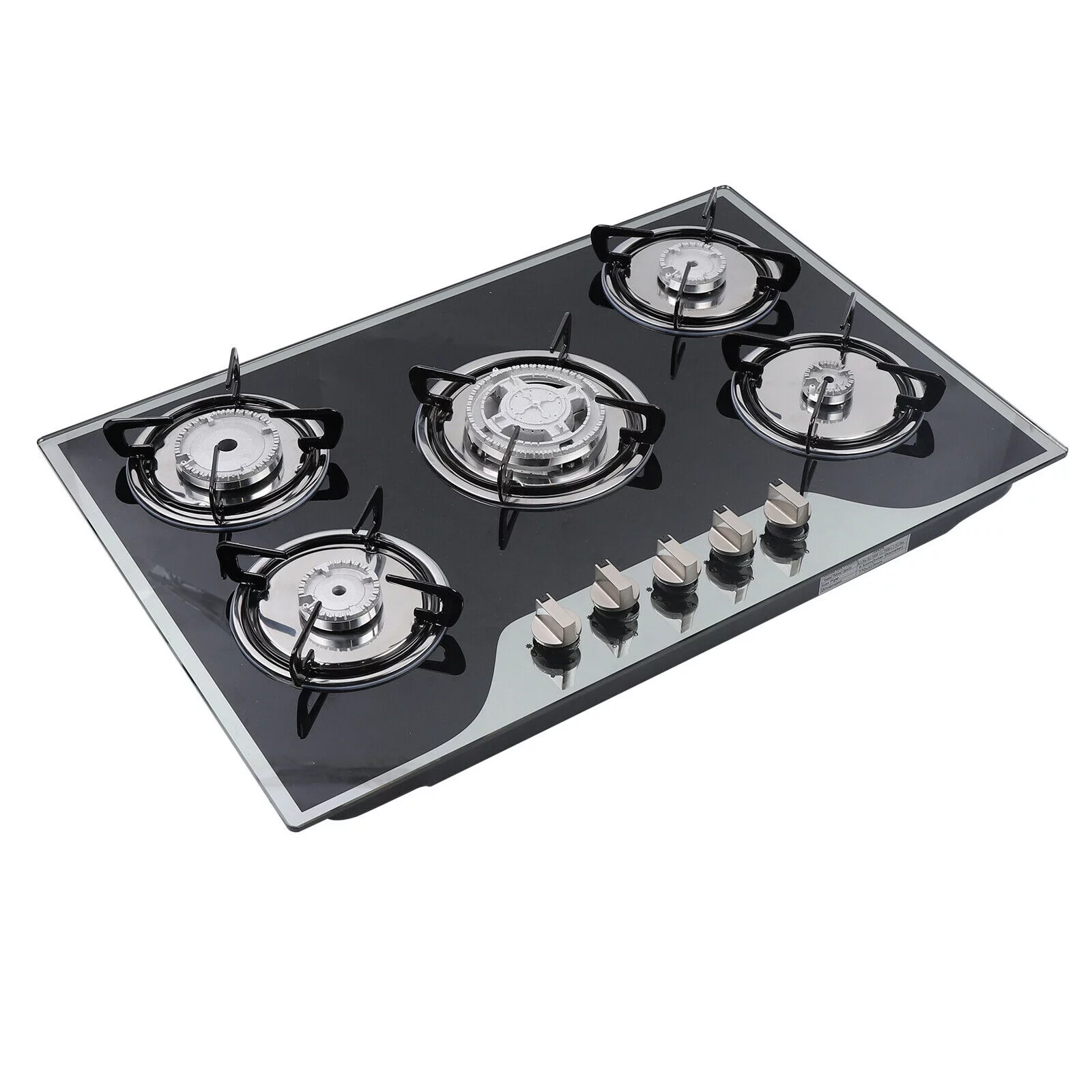 30" Stainless Steel Gas Stove, 5 Burner Built-in Stoves Gas Cooktop Cooker Black, Smooth Surface Automatic Pulse Ignition Countertop Stove
