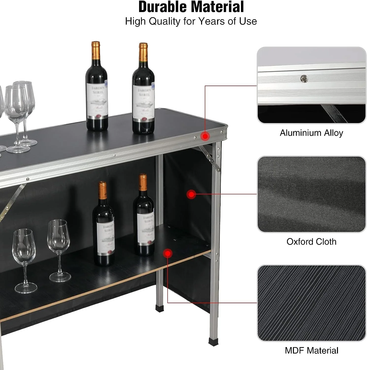 REDCAMP Extra Long Portable Bar Table with Storage Shelf, Pop-up Foldable Party Bar for Indoor Outdoor, Black