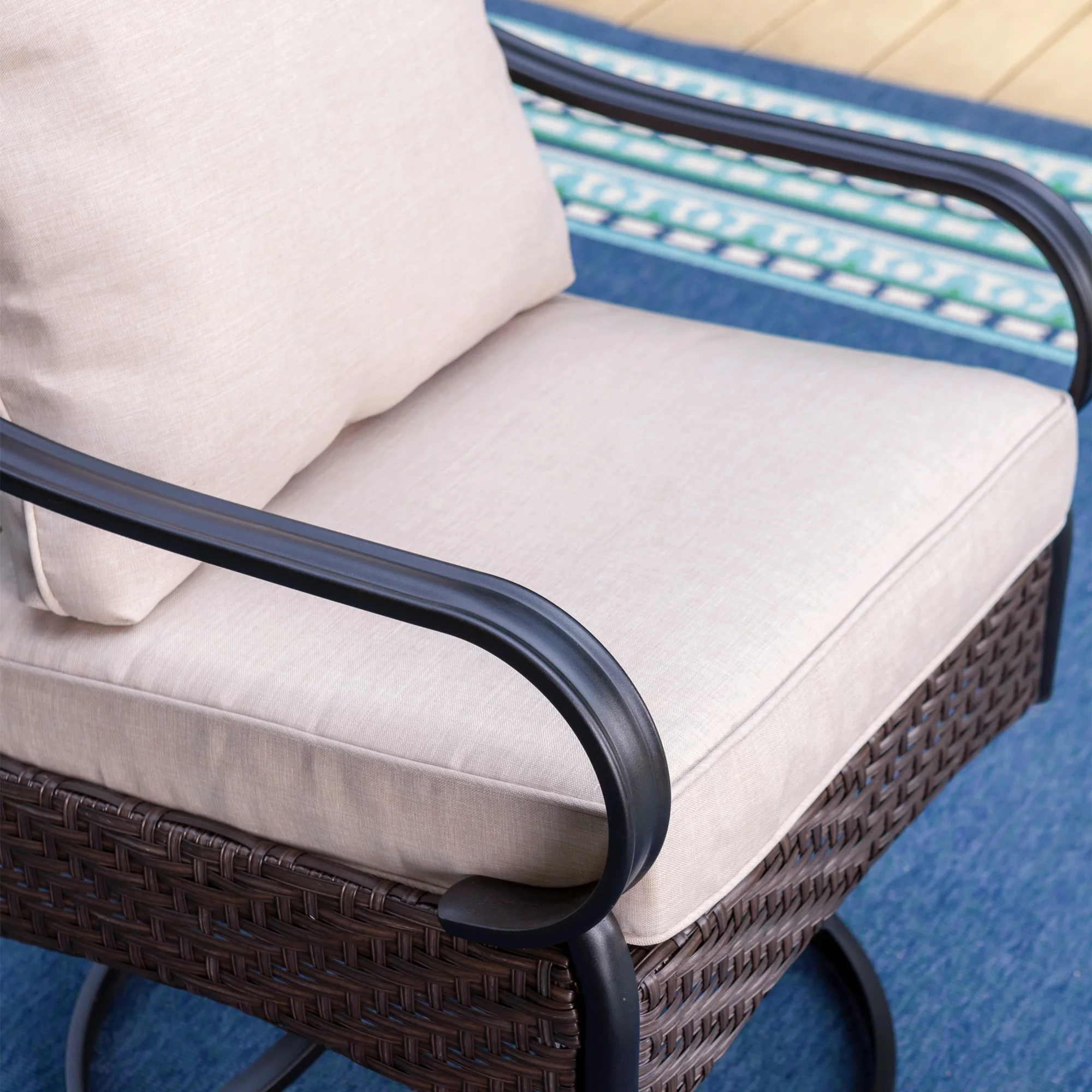 MF Studio 5-Piece Patio Conversation Set with 4 Swivel Wicker Cushioned Chairs & Fire Pit Table, 50,000 BTU, Black & Beige