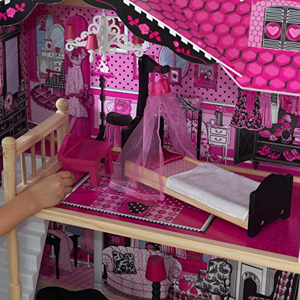 Wooden Dollhouse with Elevator, Balcony and 15-Piece Accessories, Pink, Gift for Ages 3+
