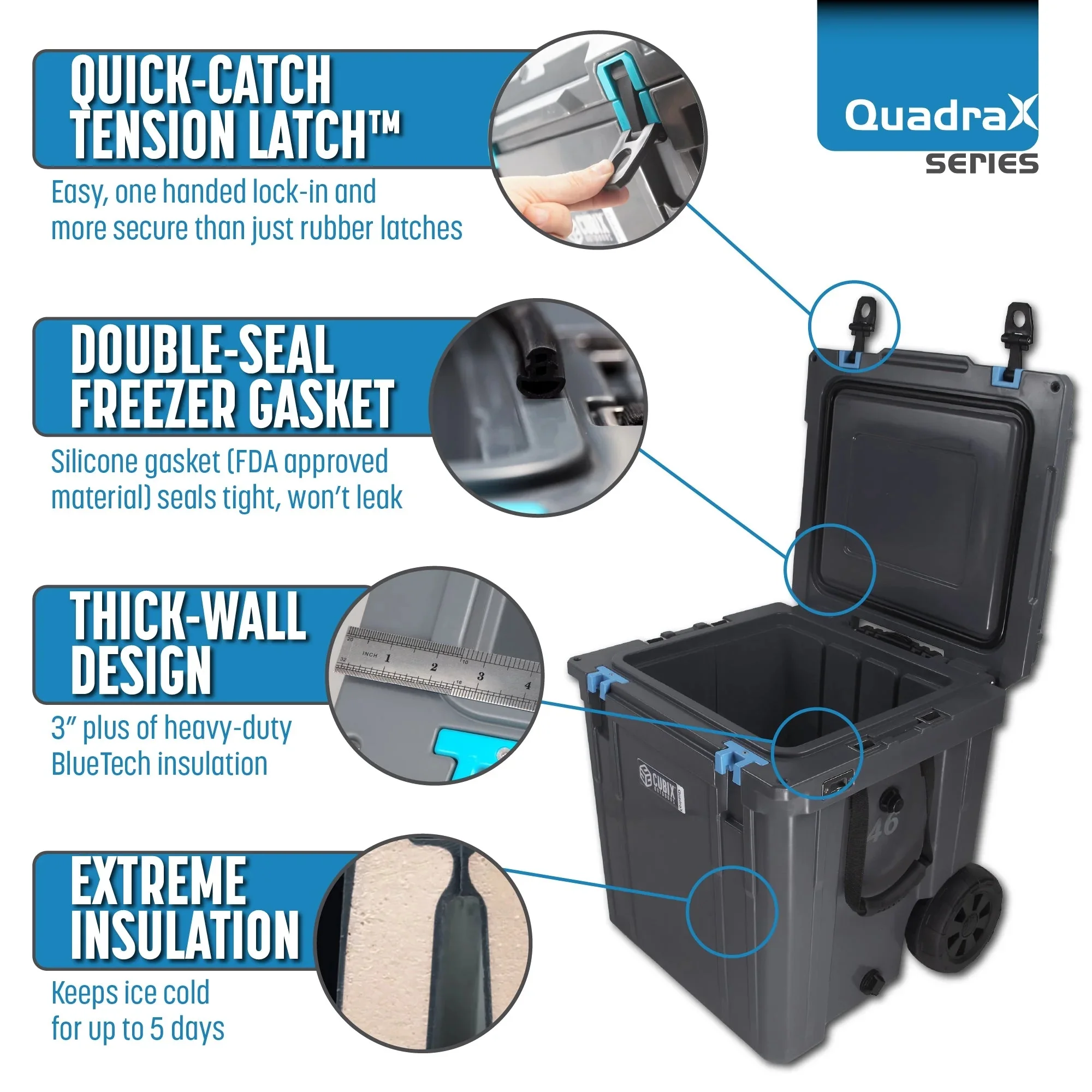 Cubix Outdoors 46QT QuadraX Wheeled Rotomolded Portable Hard Cooler, Fits 26 Cans, Abyss Blue - Radiant Selections