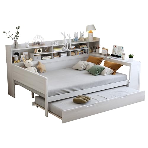 Corner Twin Bed Frame with Bookcase Storage and Desk, Wood Day Beds with 2 Drawers, Twin Size Daybed with Storage for Living Room
