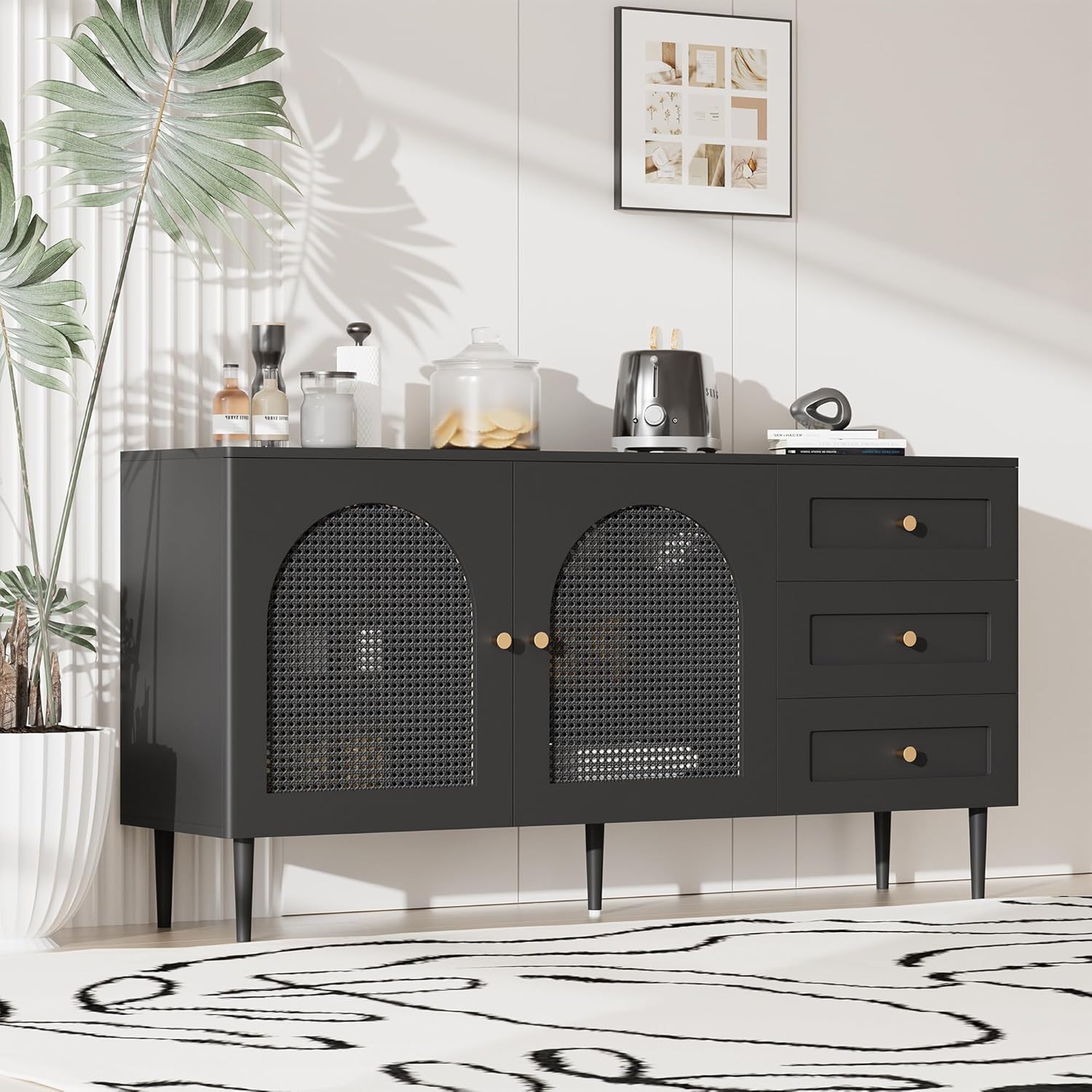 Modern Black Sideboard Buffet Cabinet with Storage & 3 Drawers, Console Table with Storage, Kitchen Cabinet Adjustable Shelves for Dining Room