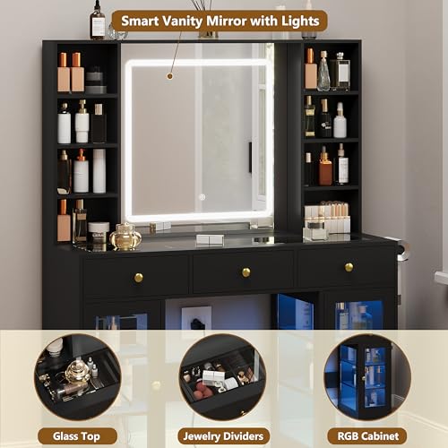 White Vanity Desk with Mirror and Lights, Glass Top Vanity with Lighted Mirror & RGB Glass Cabinet and 3 Drawers