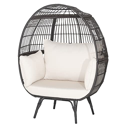 Oversized Egg Chair, Wicker Patio Basket Circle Lounge Chair w/Metal Stand & 4 Thick Cushions, PE Rattan Egg Lounger Outdoor Indoor for Backyard