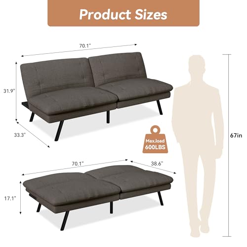 71" Convertible Futon Sofa,Faux Leather Futon Couch Bed,Sleeper Sofa Bed,Memory Foam Modern Folding Small Loveseat for Living Room,Office,Apartment