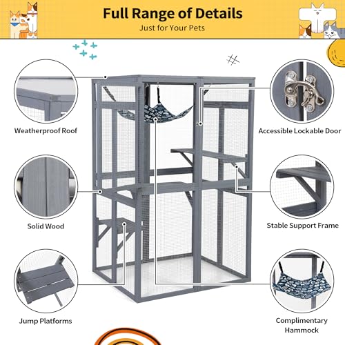COZIWOW Catio Outdoor Cat Enclosure Window Access, Wooden Cat House Shelter, Kitty Cage with 3 Platforms for Patio Indoor (White)