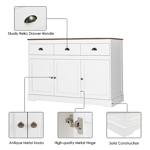 Keyluv White Buffet Cabinet Storage Sideboard Farmhouse Server Bar Wine Cabinet with 3 Drawers & 3 Doors Adjustable Shelves Console Table for Dining