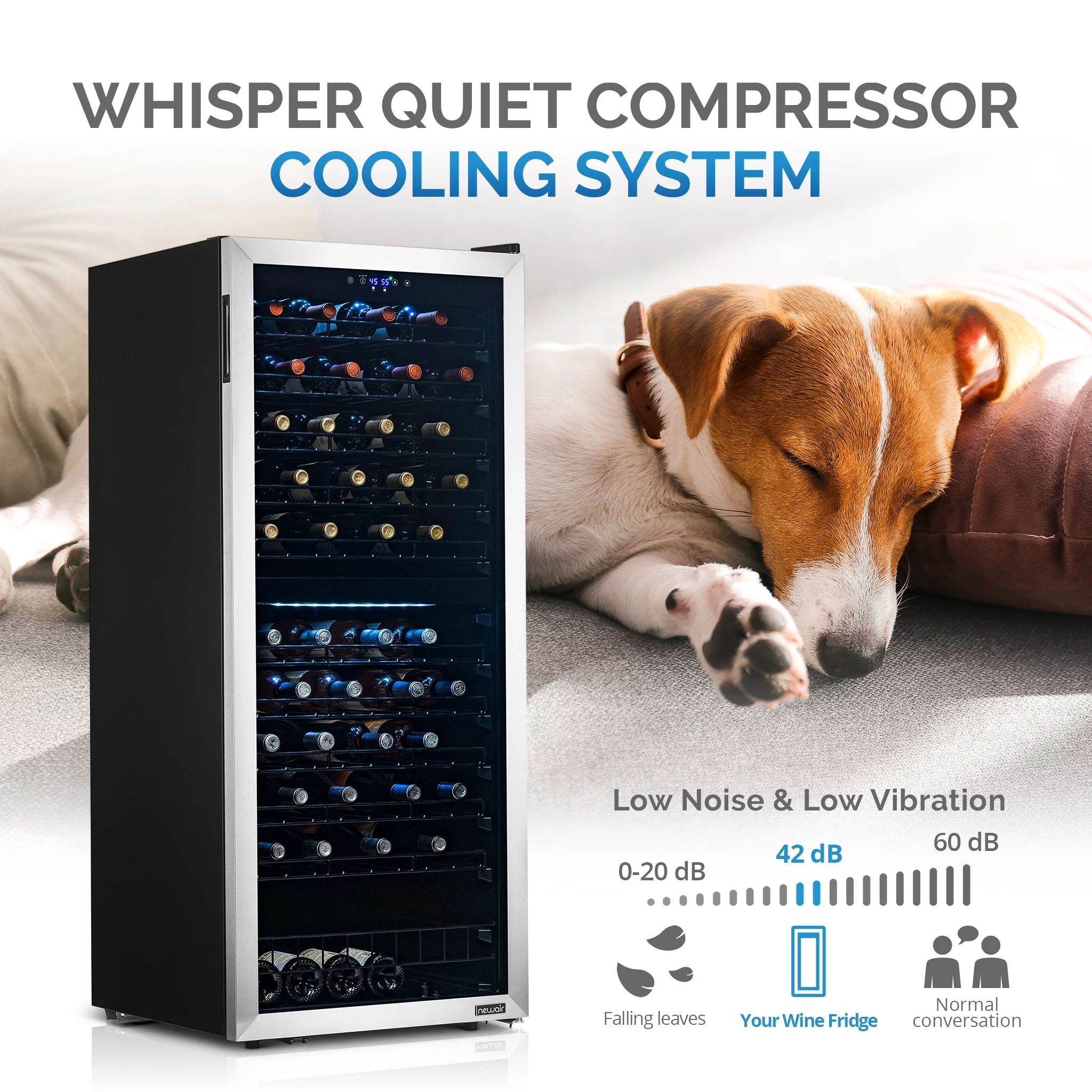 Newair Freestanding Wine Refrigerator, 98 Bottle Dual Zone Compressor Wine Fridge in Stainless Steel