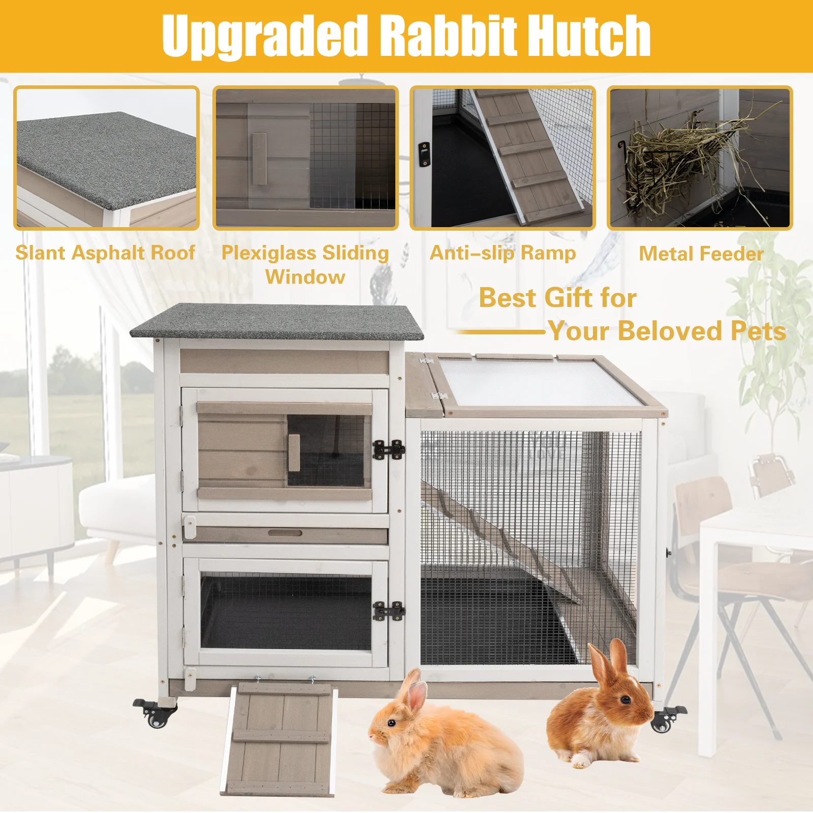 PETSCOSSET 40"L Rabbit Hutch Indoor Wooden Large Bunny Hutch Outdoor 2 Story Rabbit Cage on 4 Metal Wheels with Run and 2 Pull Out Trays UV Panel