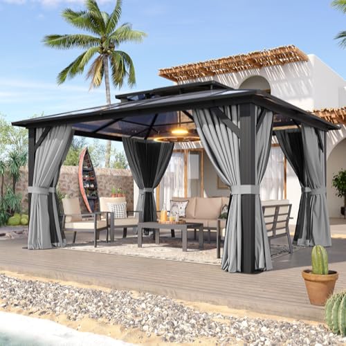 Aoxun 12'x10' Hardtop Gazebo, Aluminum Frame Permanent Pavilion with Curtains and Netting, Outdoor Polycarbonate Double Roof Canopy