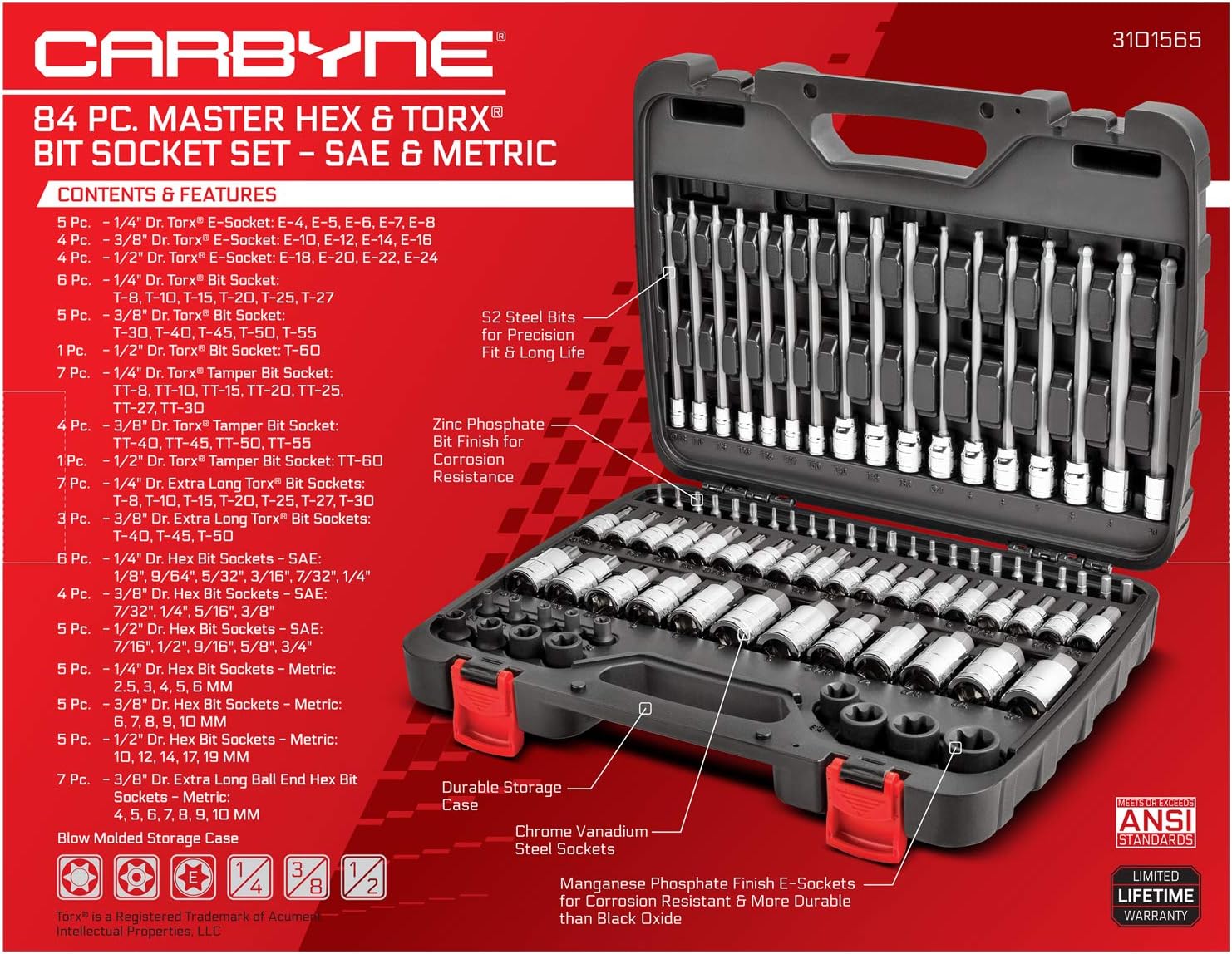 CARBYNE Master Hex & Torx Bit Socket Set, 84 Piece | SAE & Metric, S2 Steel Bits | 1/4, 3/8 & 1/2 Drive