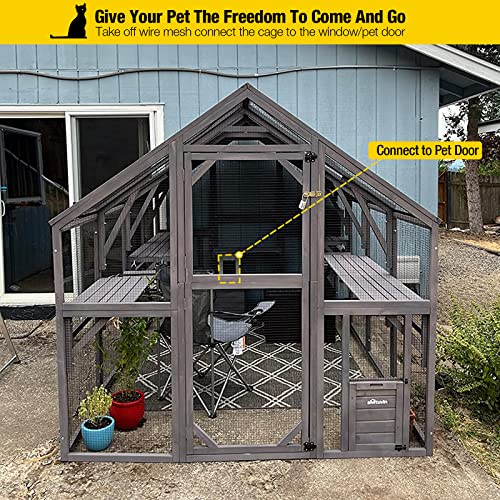 Aivituvin Cat House Outdoor Catio Kitty Enclosure with Super Large Enter Door,Wooden Cat Cage Condo Indoor Playpen with Platforms,Small House,70 Inch
