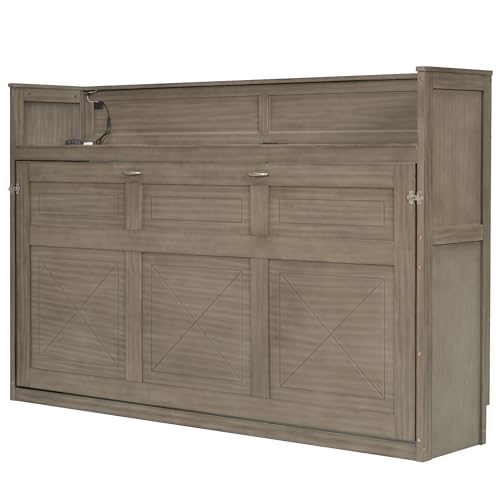 Queen Size Farmhouse Murphy Bed Cabinet with Charging Station, Foldable Platform Bed Frame with 2 Storage Drawers