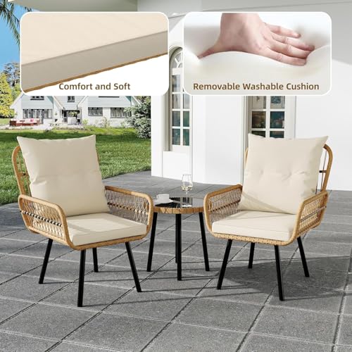 3 Piece Patio Bistro Set, Outdoor Wicker Table and Chairs Set of 2