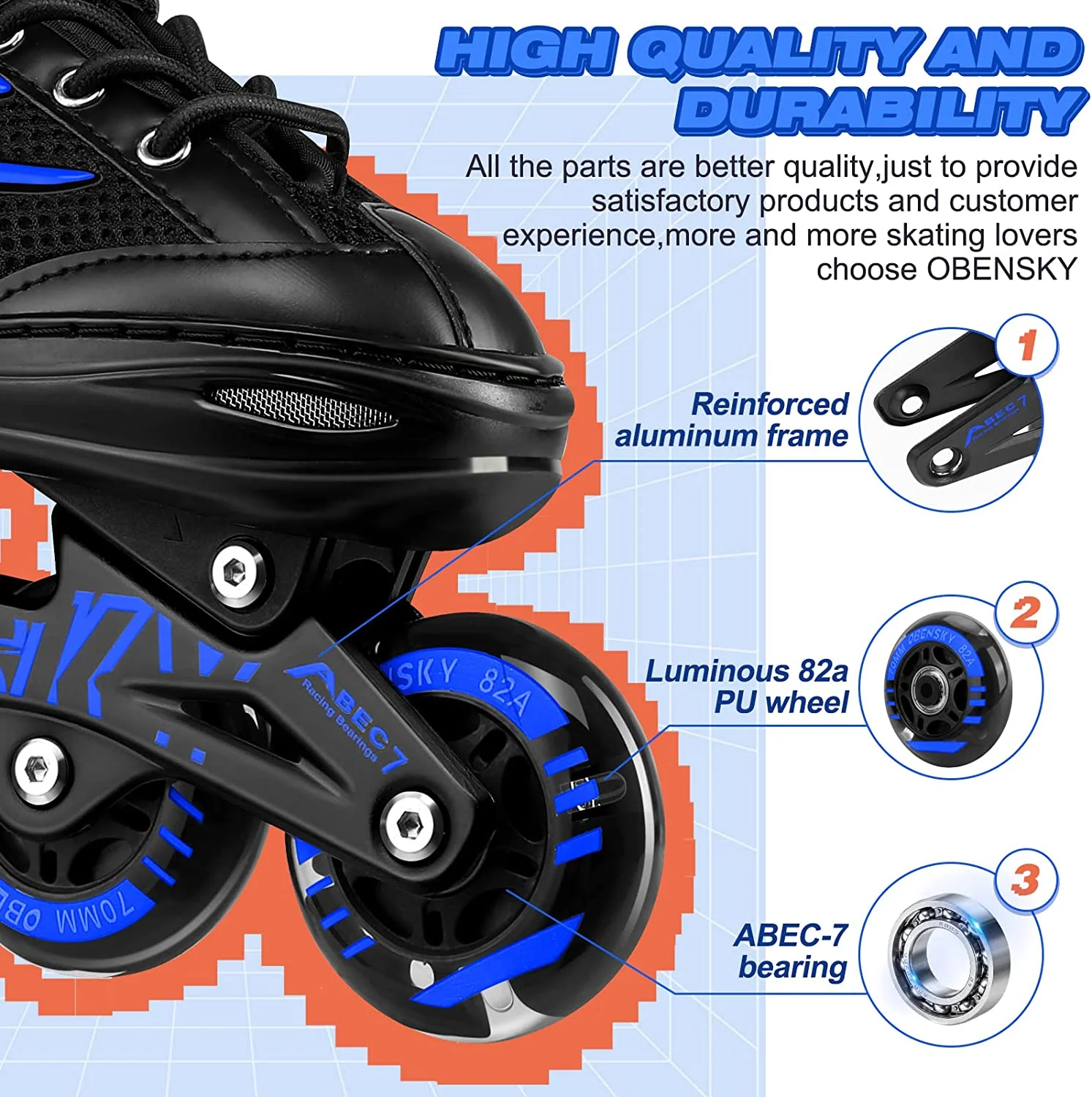 OBENSKY Adjustable Inline Skates, Illuminating Roller Blades for Kids, Boys& Girls Beginner w/ Light up Wheels-Blue - Curated Treasures Market