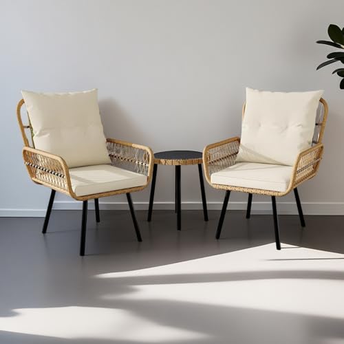 3 Piece Patio Bistro Set, Outdoor Wicker Table and Chairs Set of 2