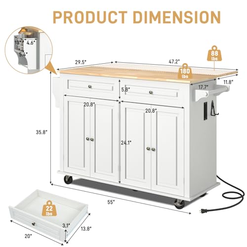 55" Movable Kitchen Island with Drop Leaf and Power Outlet, Rolling Island Cart w/Storage Cabinet, Island Table on Wheels for Kitchen w/2 Drawers