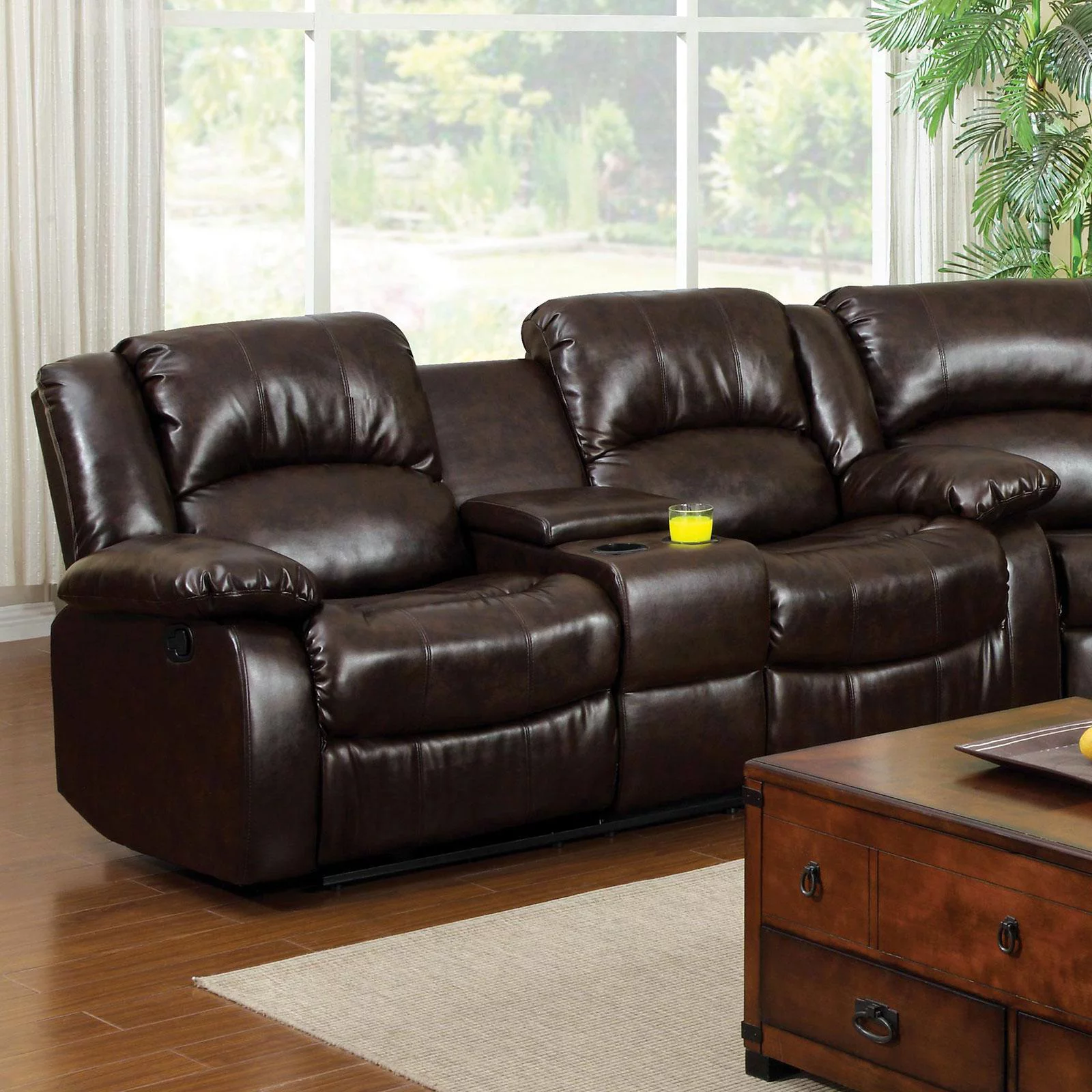Transitional Brown Bonded Leather Sectional w/ cupholders Winslow FoA Group