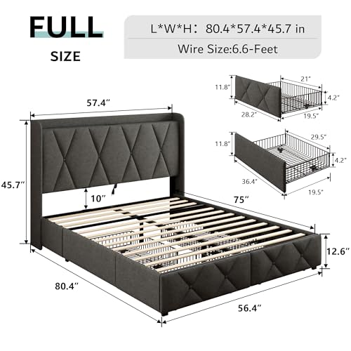 iPormis Queen Bed Frame with 4 Storage Drawers, Upholstered Platform Bed Frame with Charging Station, Modern Wingback Storage Headboard