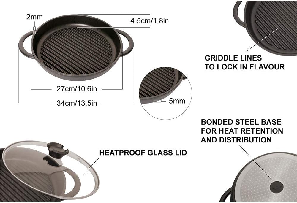 Jean Patrique The Whatever Pan - Cast Aluminium Griddle Pan with Glass Lid | 10.6 Diameter, Induction Compatible, Non-Stick