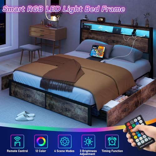 SADENICEL Queen Bed Frame with Storage Headboard and 4 Drawers, Metal Platform Bed Frame with LED Light, Charging Station, No Box Spring Needed