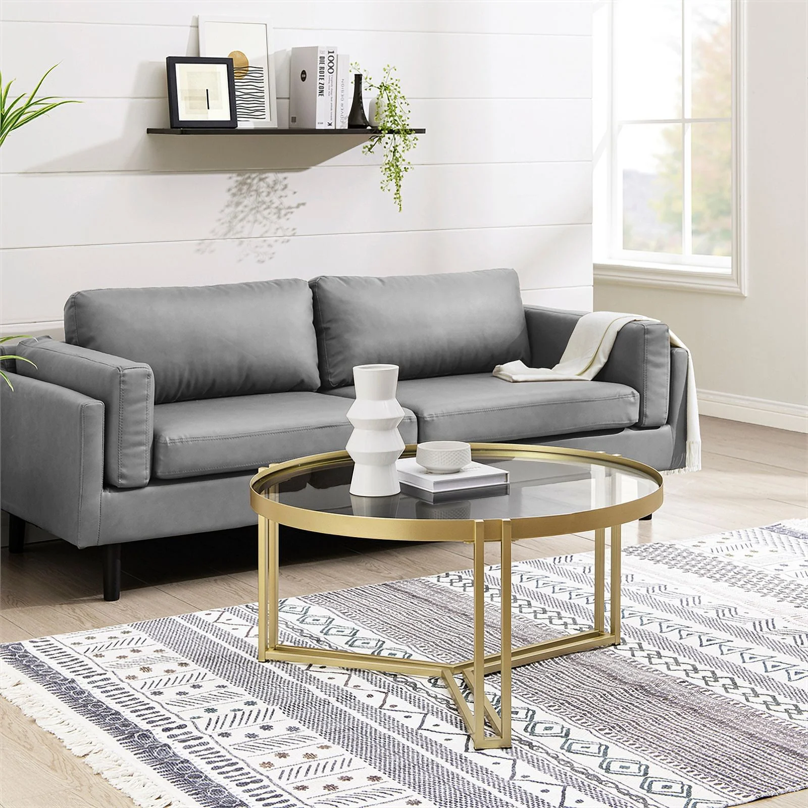 Glam Round Glass and Metal Tri-Leg Coffee Table - Gold