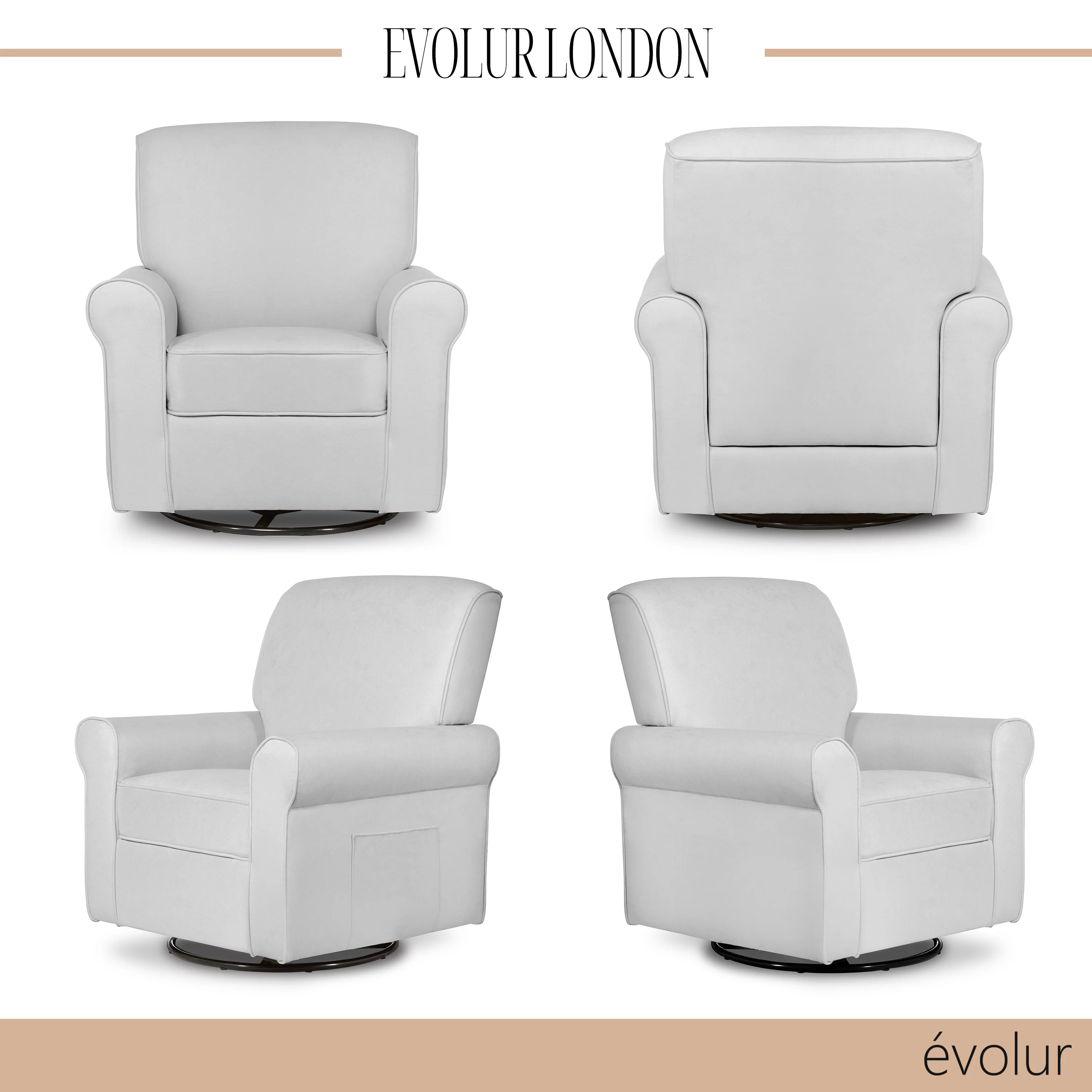 Evolur London Upholstered 360 Swivel l Glider I Rocker I Nursery Glider I Durable Soft Fabric in Gray Finish