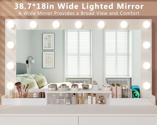 Makeup Vanity Desk with Lights, Vanity Desk with Large Mirror, White Vanity with Outlets Large Drawers & Storage, 3 Lighting Color Adjustable